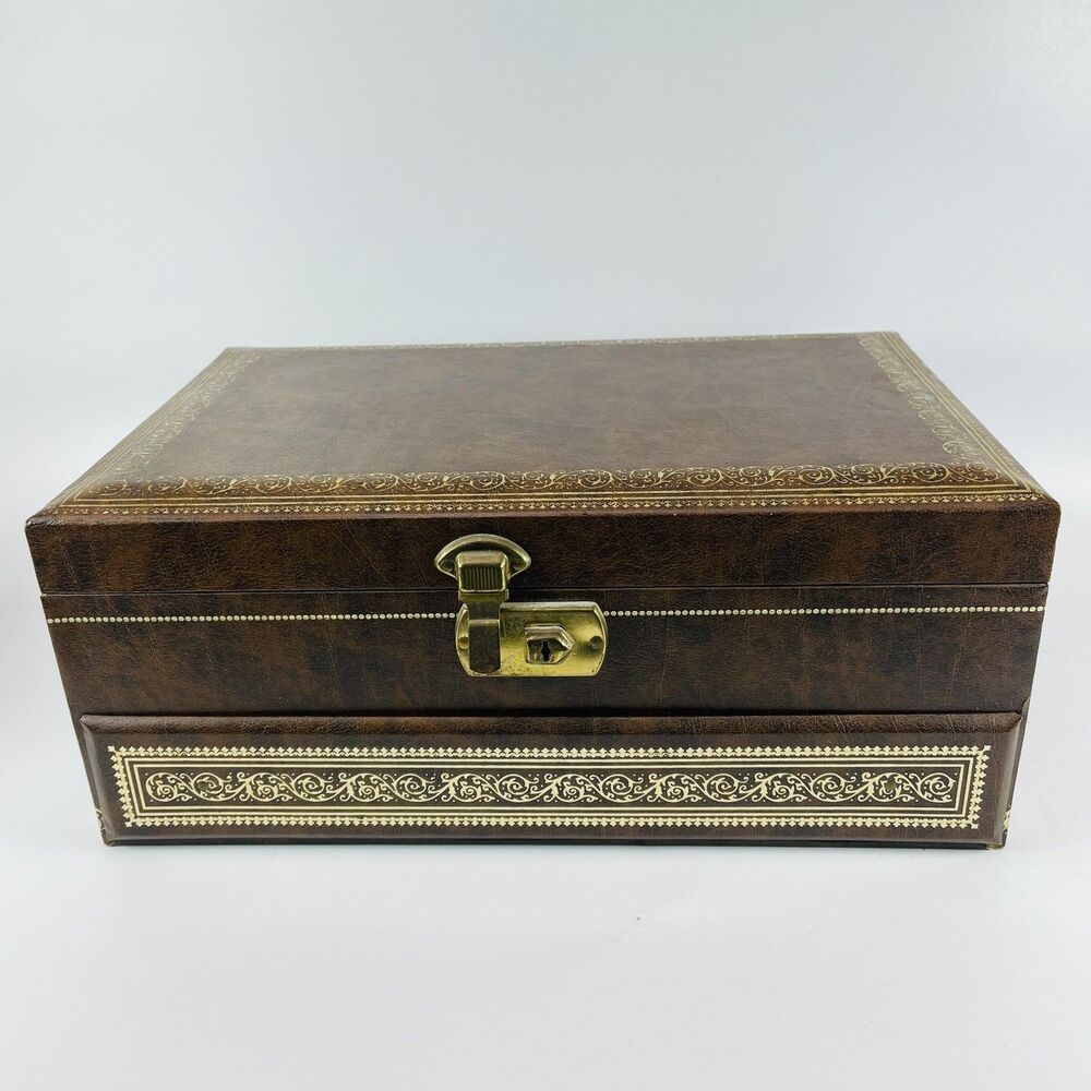 VTG MELE 4-Tier Jewelry Box MCM Mid-Century Faux Leather Satin Gold Velvet w KEY